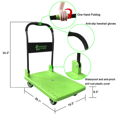 Eenhands SILENT Opvouwbare platformwagen Trolley 180 kg polypropyleen dek
