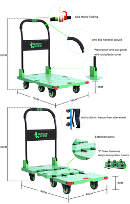 Intrekbare 6 zwenkwielen Opvouwbare platformwagen Trolley Hand duwen 400 kg laden